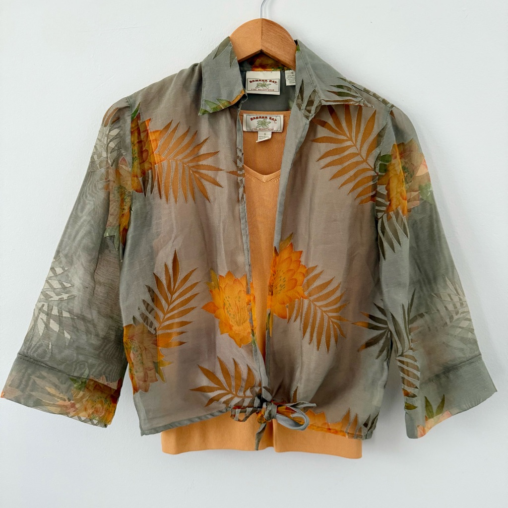 Vintage Banana Bay 2 Piece Set-Sheer Hawaiian Floral Tie Front In Orange & Olive
